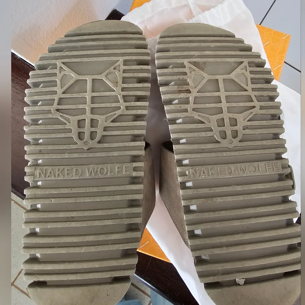 Naked Wolfe Vixen Taupe Suede Sandals with Gold Buckle - Picture 5 of 6